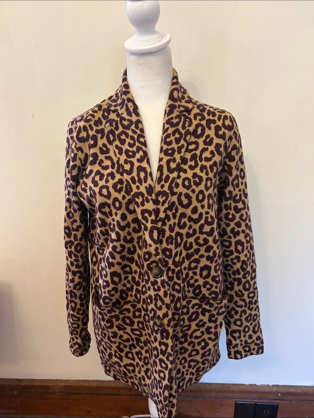 Ann Taylor Leopard Print Shawl Collar Coatigan Tan Purple Size S EUC